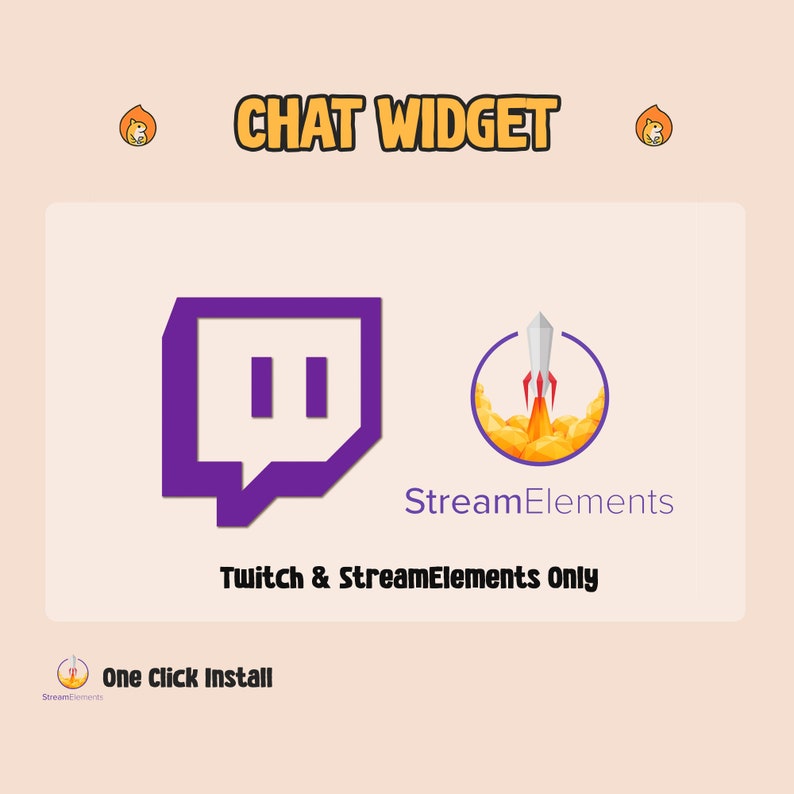 May include: Purple Twitch logo and orange StreamElements logo with the text "Chat Widget" above and "Twitch & StreamElements Only" below. The text "One Click Install" is at the bottom with a small orange StreamElements logo.
