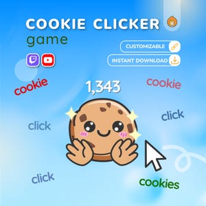 Op de afbeelding: Een digitale afbeelding voor een spel genaamd "Cookie Clicker". De afbeelding toont een cartoonkoekje met een lachend gezicht, omringd door tekst, waaronder "click", "cookie" en het getal 1.343. De achtergrond is een blauwe gradiënt.