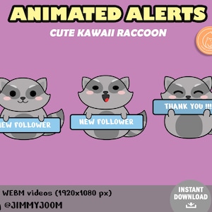 ANIMATED Raccoon Twitch Stream Alerts / Cute Kawaii Raccoon/ Pastel Alert / New Follower / Subscriber / Raid / Animation / Cute Stream Setup