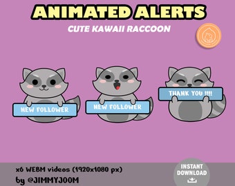 ANIMATED Raccoon Twitch Stream Alerts / Cute Kawaii Raccoon/ Pastel Alert / New Follower / Subscriber / Raid / Animation / Cute Stream Setup