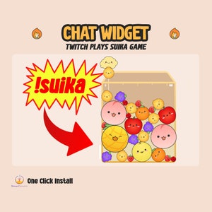 May include: A chat widget for Twitch streams featuring a game called "Suika". The widget shows a box with a variety of fruit emojis, including peaches, strawberries, lemons, and apples. The text "!suika" is in a yellow starburst shape with an arrow pointing to the box.