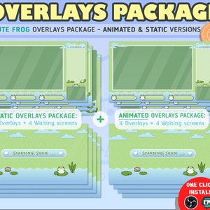 May include: A set of animated and static Twitch overlays featuring a cute frog design. The overlays include a chat box, new follower, new subscriber, and new donation alerts. The overlays also include a starting soon screen. The text "STATIC OVERLAYS PACKAGE: 4 Overlays + 4 Waiting screens" and "ANIMATED OVERLAYS PACKAGE: 4 Overlays + 4 Waiting screens" is displayed on the image.