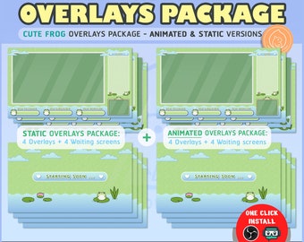 Animerat overlay-paket / Kawaii groda-överlägg och väntande skärmar / Twitch-överlägg / Grönt / Söt groda / Söt stream-installation / Stream-paket