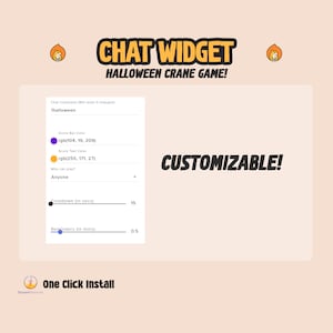 Pu&ograve; includere: Un widget di chat per il gioco della gru di Halloween personalizzabile con uno schema di colori viola e arancione. Il widget ha un comando di chat "!halloween", un timer di raffreddamento di 15 secondi e un timer di promemoria di 0,5 minuti. Il testo "CUSTOMIZABLE!" &egrave; visualizzato in grassetto nero.