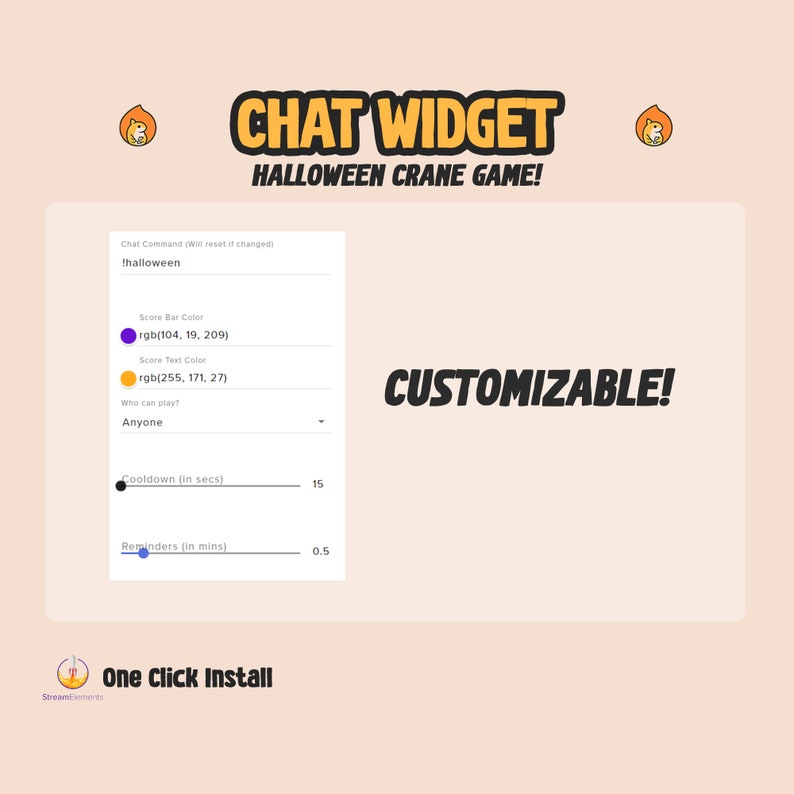 Pu&ograve; includere: Un widget di chat per il gioco della gru di Halloween personalizzabile con uno schema di colori viola e arancione. Il widget ha un comando di chat "!halloween", un timer di raffreddamento di 15 secondi e un timer di promemoria di 0,5 minuti. Il testo "CUSTOMIZABLE!" &egrave; visualizzato in grassetto nero.