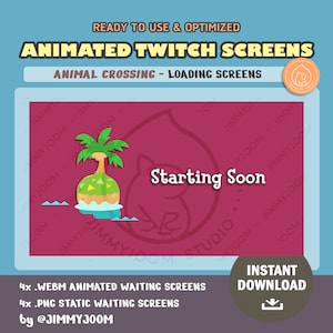 以下が含まれることがあります： アニマルクロッシングのアニメーション付きTwitch画面。緑の島にヤシの木があり、「Starting Soon」の文字が表示されています。画面はWEBMとPNGの両方の形式で即時ダウンロードできます。