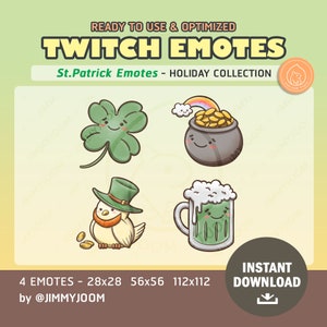 St. Patrick&#39;s Day Twitch Emotes Irish | Holiday Twitch Emote Pack | Green Beer | Leprechaun | Four Leaf Clover | Pot of Gold | Gold Rainbow
