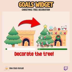 May include: An illustrated guide to decorating a Christmas tree, featuring a green tree, a fireplace, and the text "GOALS WIDGET" and "CHRISTMAS TREE DECORATION". The phrase "Decorate the tree!" is also displayed.