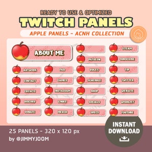 Pode incluir: Um conjunto de 25 painéis Twitch vermelhos e amarelos com um design de maçã. Os painéis são etiquetados com várias categorias, como "Sobre mim", "Obras de arte", "Contato", "Créditos", "Discord", "Doar", "Perguntas frequentes", "Jogos", "Instagram", "Links", "Mercadorias", "Patreon", "Regras", "Cronograma", "Loja", "Redes sociais", "Especificações", "Steam", "Inscrever-se", "Gorjeta", "Twitter", "Site", "Lista de desejos" e "YouTube". Os painéis têm 320 x 120 pixels de tamanho.
