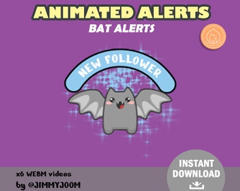 以下が含まれることがあります： 紫色のアニメーション背景に、青いバナーで「NEW FOLLOWER」とキラキラが書かれた灰色のコウモリ。画像の上部には「BAT ALERTS」のテキスト。画像の左下には「x6 WEBM videos by @JIMMYJOOOM」のテキスト。画像の右下には「INSTANT DOWNLOAD」のテキストとダウンロードアイコン。