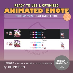 May include: Animated Halloween emote featuring a ghost wearing a witch's hat and holding a bag of candy. The emote says "Trick or Treat" and is available in various sizes, including 28x28, 56x56, 112x112, and 500x500 pixels.