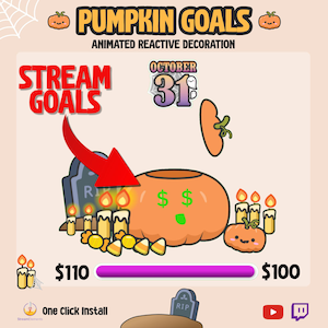 Op de afbeelding: Een cartoon illustratie met de tekst "PUMPKIN GOALS" en "STREAM GOALS". De afbeelding toont een oranje pompoen met dolltekens, kaarsen en een grafsteen. Een voortgangsbalk toont $110 tot $100.