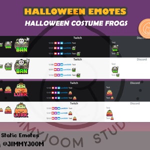Puede incluir: Ocho emoticonos est&aacute;ticos de Twitch y Discord que muestran una rana con diferentes disfraces de Halloween. Los emoticonos incluyen el texto "BAN" y "LURK". Los emoticonos est&aacute;n dise&ntilde;ados en un estilo de dibujos animados con colores brillantes.