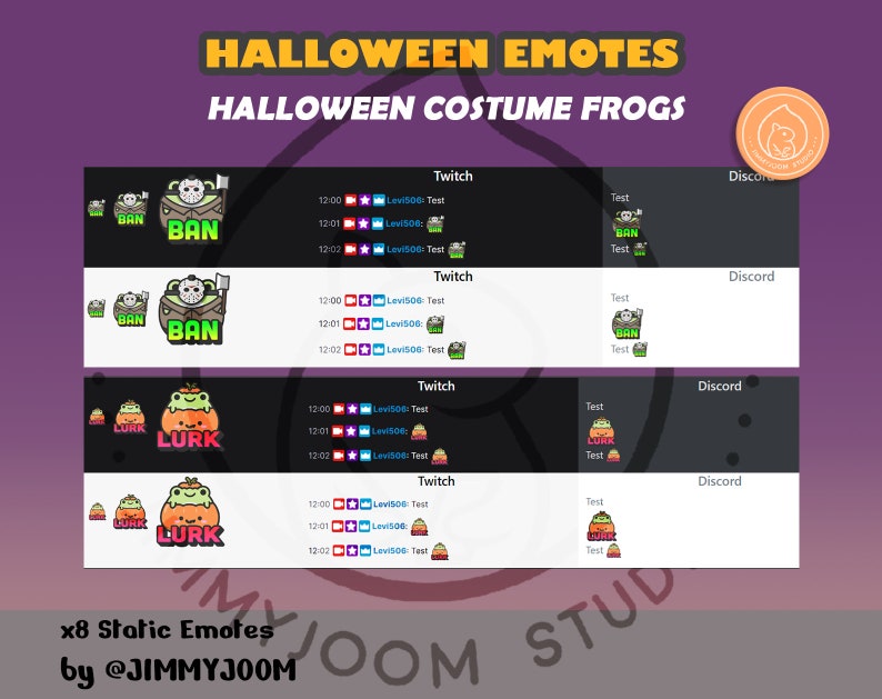 Puede incluir: Ocho emoticonos est&aacute;ticos de Twitch y Discord que muestran una rana con diferentes disfraces de Halloween. Los emoticonos incluyen el texto "BAN" y "LURK". Los emoticonos est&aacute;n dise&ntilde;ados en un estilo de dibujos animados con colores brillantes.