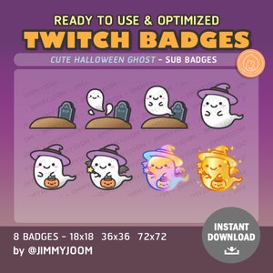 May include: Eight Halloween ghost Twitch sub badges in various sizes, including 18x18, 36x36, and 72x72 pixels. The badges feature a cute ghost wearing a witch hat and holding a pumpkin. Some badges have a purple, pink, and gold color scheme.