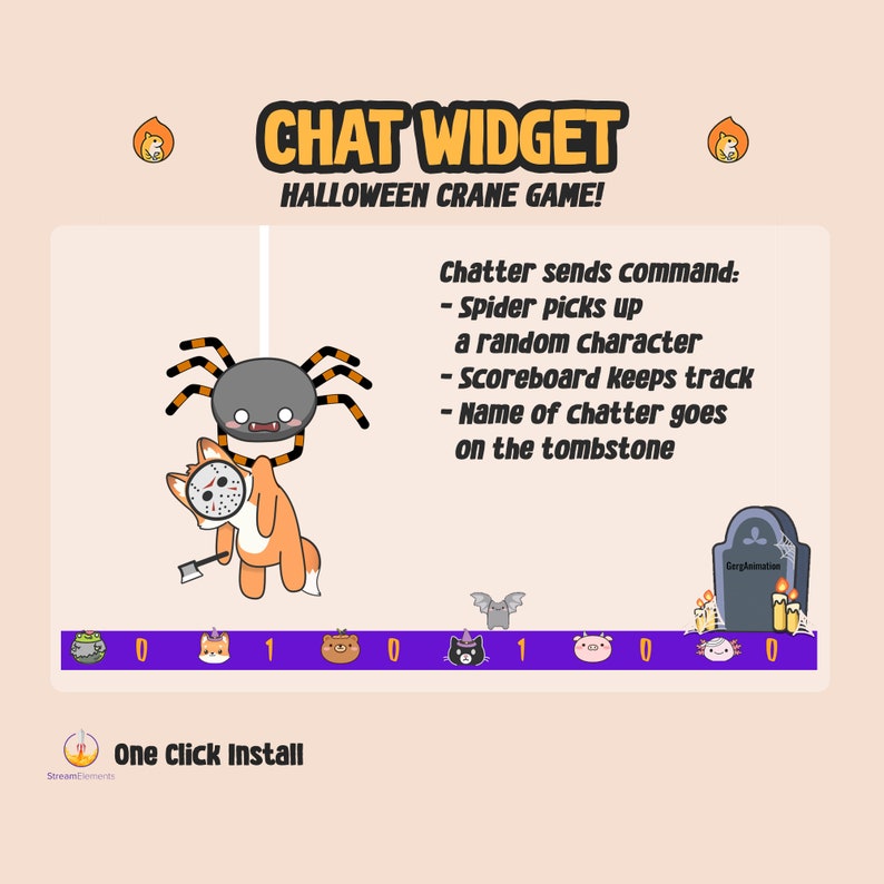 Pu&ograve; includere: Un gioco di widget di chat a tema Halloween con un ragno che tiene una volpe con una maschera. Il gioco presenta un tabellone segnapunti, una lapide e vari personaggi di Halloween. Il testo sulla lapide dice "CergAnimation".