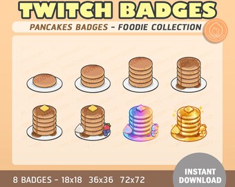 8x Twitch Pancake Badges / Sub Badges Goals / Cute Breakfast Food / Cute Stream Setup / Channel Points Rewards / Rainbow Gold Fruit Pancakes