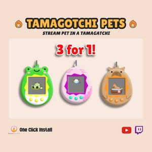 Peut inclure: Image de trois Tamagotchi Pets verts, roses et bruns. Chaque appareil affiche un animal virtuel sur son écran. Le texte indique "TAMAGOTCHI PETS" et "3 pour 1!"