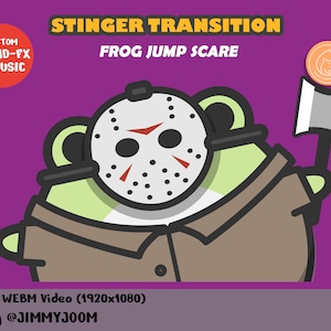Puede incluir: Una rana verde con una chaqueta marrón y una máscara de hockey blanca sostiene un hacha plateada. La rana está sobre un fondo morado con el texto "STINGER TRANSITION" y "FROG JUMP SCARE" en blanco. El texto "CUSTOM SOUND-FX & MUSIC" está en un círculo rojo.