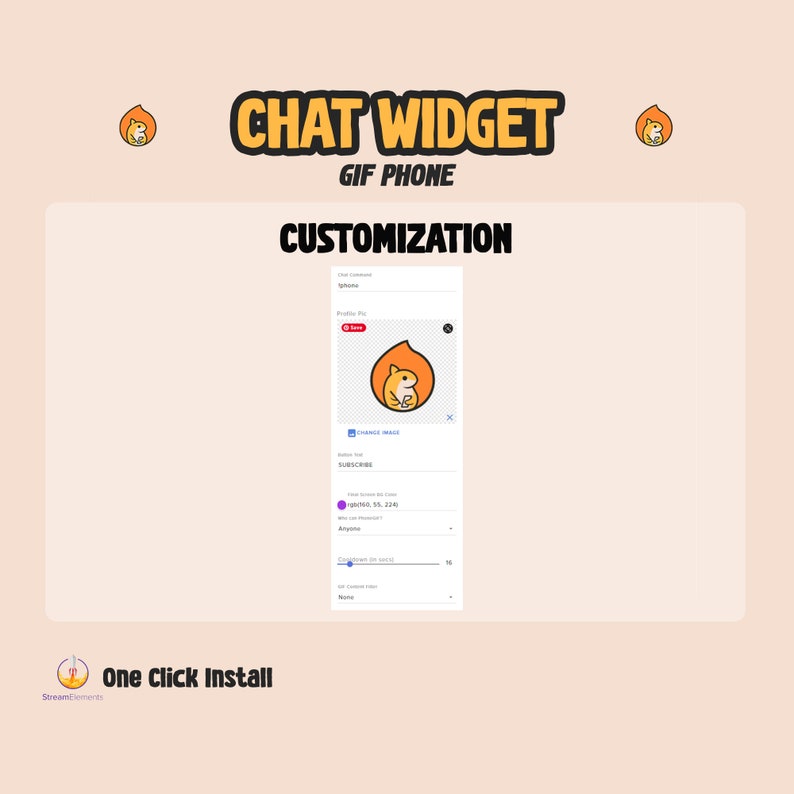 May include: A screenshot of a chat widget customization page with a cartoon orange squirrel holding a phone. The page has options for customizing the widget's appearance, including the profile picture, subscribe button, and notification settings.