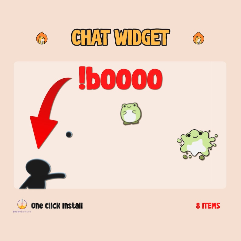 May include: A red arrow points down to a black stick figure with outstretched arms. Above the stick figure is the text "!boooo" in red. There are two green frog emojis, one with a white outline and the other with a white outline and a green splatter. The text "CHAT WIDGET" is in yellow at the top of the image. The text "One Click Install" is in white on a purple background with a small orange fox emoji. The text "8 ITEMS" is in red at the bottom of the image.