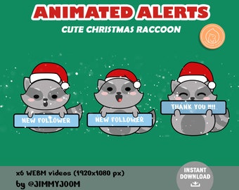 ANIMATED Christmas Raccoon Twitch Stream Alerts / Cute Kawaii / New Follower / Subscriber / Raccoon Animation / Snow Santa Hat Holiday