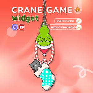 May include: A festive graphic featuring a green character in a Santa hat hanging from a candy cane-striped rope, with a gray cat in a teal and white polka-dot stocking. The words "CRANE GAME widget" are at the top, with Twitch and YouTube icons.