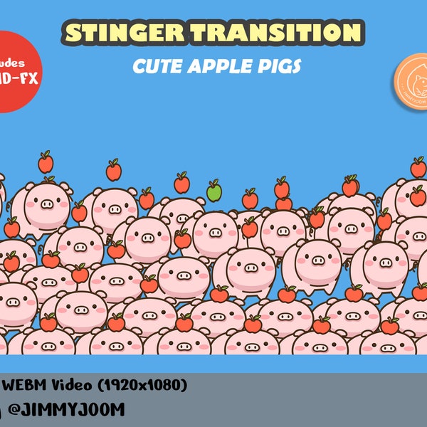 Twitch Stinger Transition / Kawaii Pigs / Stream Transition / Red Green Apple / Cute Pig / Green Pink / Overlay / Animated Transition Stream