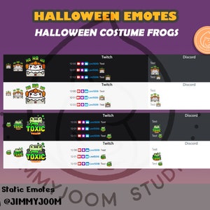 Puede incluir: Conjunto de ocho emotes de Twitch y Discord con tem&aacute;tica de Halloween que representan una rana con un disfraz de pastel y una rana con un disfraz de residuos t&oacute;xicos. Los emotes son en blanco y negro con acentos verdes, rojos y amarillos. El texto "HA HA HA" y "TOXIC" est&aacute; incluido en los emotes.