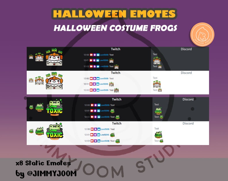 Puede incluir: Conjunto de ocho emotes de Twitch y Discord con tem&aacute;tica de Halloween que representan una rana con un disfraz de pastel y una rana con un disfraz de residuos t&oacute;xicos. Los emotes son en blanco y negro con acentos verdes, rojos y amarillos. El texto "HA HA HA" y "TOXIC" est&aacute; incluido en los emotes.