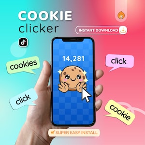 May include: A smartphone displays a game interface with a cartoon cookie character and the text "Cookie Clicker." Speech bubbles say "cookies," "click," and "cookie." The background is a gradient of pink and blue.