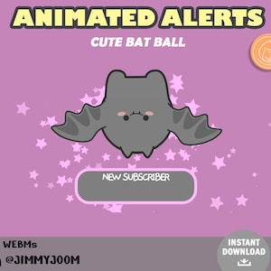 May include: Animated alert for Twitch or YouTube featuring a cute cartoon bat with a pink background and stars. The alert says "New Subscriber".