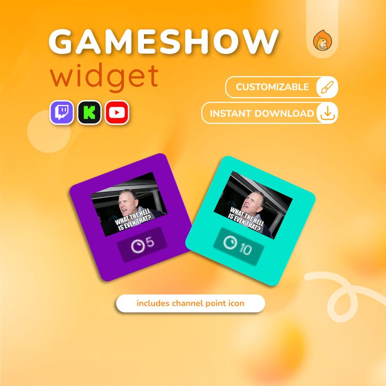 K&ouml;nnte beinhalten: Digitales Grafikdesign f&uuml;r ein Gameshow-Widget mit zwei farbigen Quadraten, die ein Meme und Punktwerte anzeigen. Der Text "GAMESHOW widget" steht oben. Enth&auml;lt ein Kanalpunkt-Symbol. Sofortiger Download.