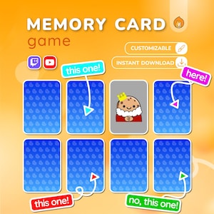 May include: A memory card game featuring a cartoon potato character wearing a crown. The game includes blue cards with a heart pattern, and text that says "this one!" and "here!". The background is orange.