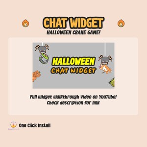 Pu&ograve; includere: Uno schermo grigio con il testo "HALLOWEEN CHAT WIDGET" in giallo. Lo schermo &egrave; circondato da un bordo arancione e nero. Ci sono diverse immagini di cartoni animati di ragni, una rana, una volpe e un orso.