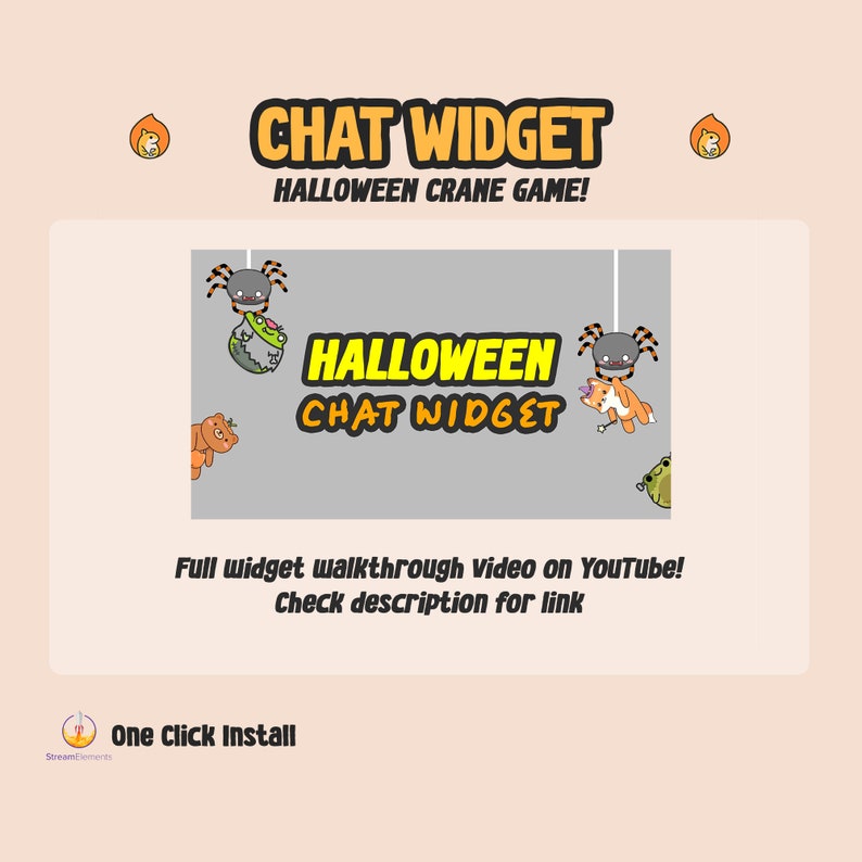 Pu&ograve; includere: Uno schermo grigio con il testo "HALLOWEEN CHAT WIDGET" in giallo. Lo schermo &egrave; circondato da un bordo arancione e nero. Ci sono diverse immagini di cartoni animati di ragni, una rana, una volpe e un orso.