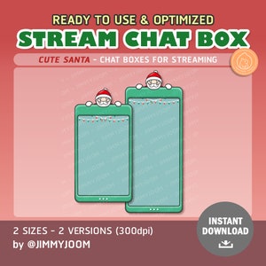 May include: Two green and white chat boxes with a cartoon Santa Claus peeking over the top. The chat boxes are designed for streaming and have a festive Christmas theme.