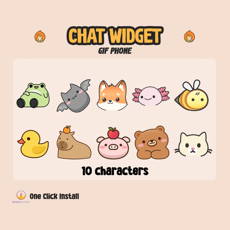May include: A set of 10 cartoon animal chat widgets for GIF Phone. The widgets include a frog, bat, fox, axolotl, bee, duck, capybara, pig, bear, and cat. The text "CHAT WIDGET GIF PHONE" and "10 characters" are also included in the image.