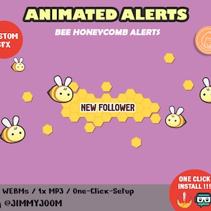 May include: Animated bee honeycomb alerts for social media. The image shows a honeycomb with a yellow bee and the text "NEW FOLLOWER". The image also includes a custom SFX button and a one-click install button.