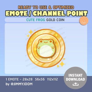 Puede incluir: Una moneda de oro con un diseño de rana verde lindo. La moneda tiene un patrón a rayas y estrellas alrededor del borde. El texto "JIMMYJOOM" es visible en la moneda. La moneda es para usar como recompensa de puntos de canal en Twitch.