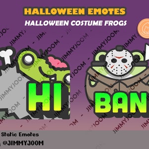 Puede incluir: Dos emojis de rana verde con disfraces de Halloween. La primera rana es un zombie con un hueso en la mano y el texto "HI" en verde y amarillo. La segunda rana est&aacute; vestida como Jason Voorhees con una m&aacute;scara de hockey y un hacha y el texto "BAN" en verde y amarillo.