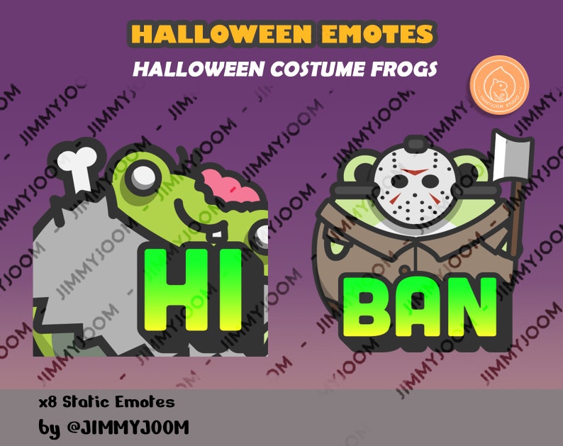 Puede incluir: Dos emojis de rana verde con disfraces de Halloween. La primera rana es un zombie con un hueso en la mano y el texto "HI" en verde y amarillo. La segunda rana est&aacute; vestida como Jason Voorhees con una m&aacute;scara de hockey y un hacha y el texto "BAN" en verde y amarillo.