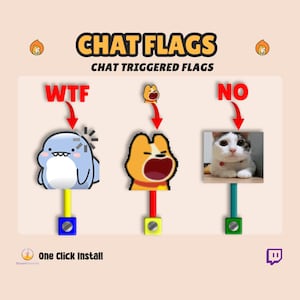 Puede incluir: Un gráfico con el texto "Chat Flags" y "Chat Triggered Flags" sobre tres imágenes animadas. La primera imagen es una ballena azul con una expresión confundida, la segunda imagen es un perro amarillo con la boca abierta y la tercera imagen es un gato blanco y negro con una expresión sorprendida. El texto "WTF" está sobre la ballena, "NO" está sobre el gato y el texto "One Click Install" está debajo de las imágenes.