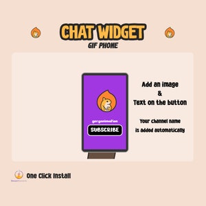 May include: A purple phone screen with a chat widget. The widget has a yellow and orange hamster icon and a button that says "SUBSCRIBE". The text "Add an image & Text on the button" is on the right side of the screen. The text "Your channel name is added automatically" is below the first text.