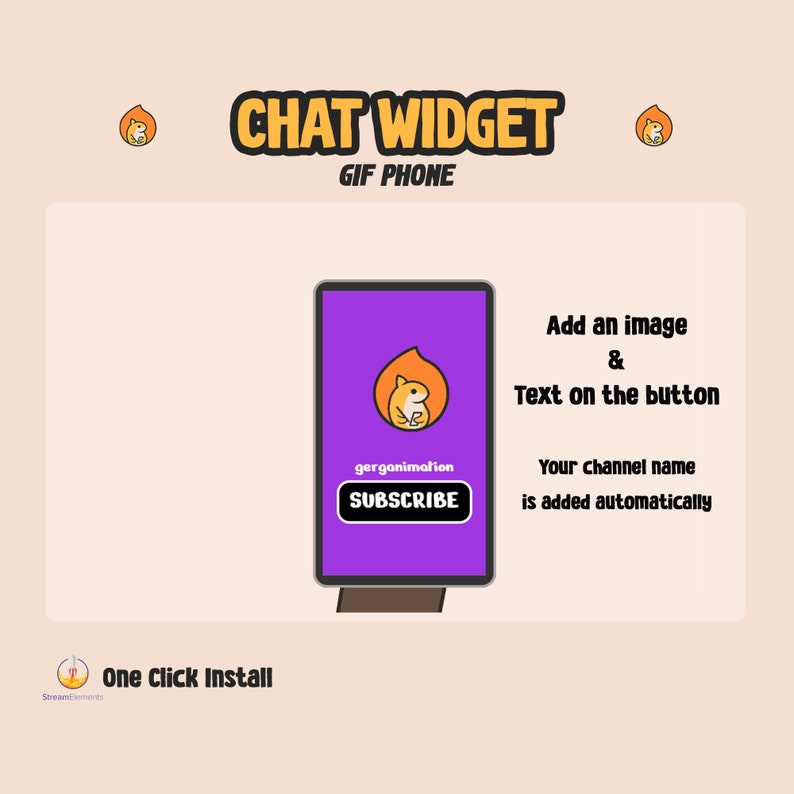 May include: A purple phone screen with a chat widget. The widget has a yellow and orange hamster icon and a button that says "SUBSCRIBE". The text "Add an image & Text on the button" is on the right side of the screen. The text "Your channel name is added automatically" is below the first text.