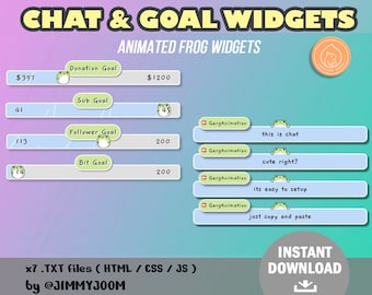 Könnte beinhalten: Animierte Frosch-Widgets für Twitch-Streams. Das Bild zeigt einen Satz von sieben animierten Frosch-Widgets für Twitch-Streams. Die Widgets sind für Spendenziele, Abo-Ziele, Follower-Ziele und Bit-Ziele. Die Widgets sind so konzipiert, dass sie einfach einzurichten und zu verwenden sind. Das Bild enthält auch Text, der "x7 .TXT files (HTML / CSS / JS) by @JIMMYJOOM" und "INSTANT DOWNLOAD" lautet.