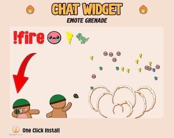May include: A chat widget for Twitch streams with a cartoon character throwing a grenade that explodes into a ring of fire. The text "!fire" is shown in red with an arrow pointing to the grenade. The text "CHAT WIDGET EMOTE GRENADE" is shown in yellow. The text "One Click Install" is shown in black.