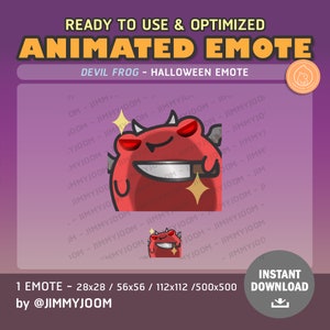 May include: Animated emoji of a red devil frog with horns, holding a knife and wearing a mischievous grin. The frog has red eyes and is surrounded by sparkling stars. The text "DEVIL FROG - HALLOWEEN EMOTE" is displayed above the frog.