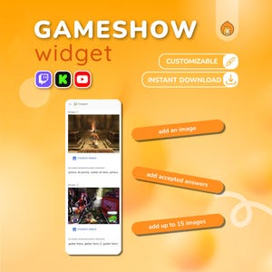 K&ouml;nnte beinhalten: Orangefarbene Grafik, die ein "GAMESHOW-Widget" bewirbt, mit einem Telefon, das Spielbilder anzeigt. Enth&auml;lt Schaltfl&auml;chen "ANPASSBAR" und "SOFORT-DOWNLOAD". Der Hintergrund ist ein Orange-Gelb-Verlauf.