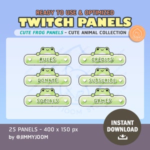 Puede incluir: Conjunto de 25 paneles verdes de Twitch con una rana de dibujos animados asomándose por encima de cada panel. Los paneles son de 400 x 150 píxeles e incluyen texto como "Reglas", "Donar", "Créditos", "Suscribirse", "Redes sociales" y "Juegos".